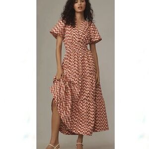 Anthropologie Somerset Red and Cream Patterned Maxi Dress